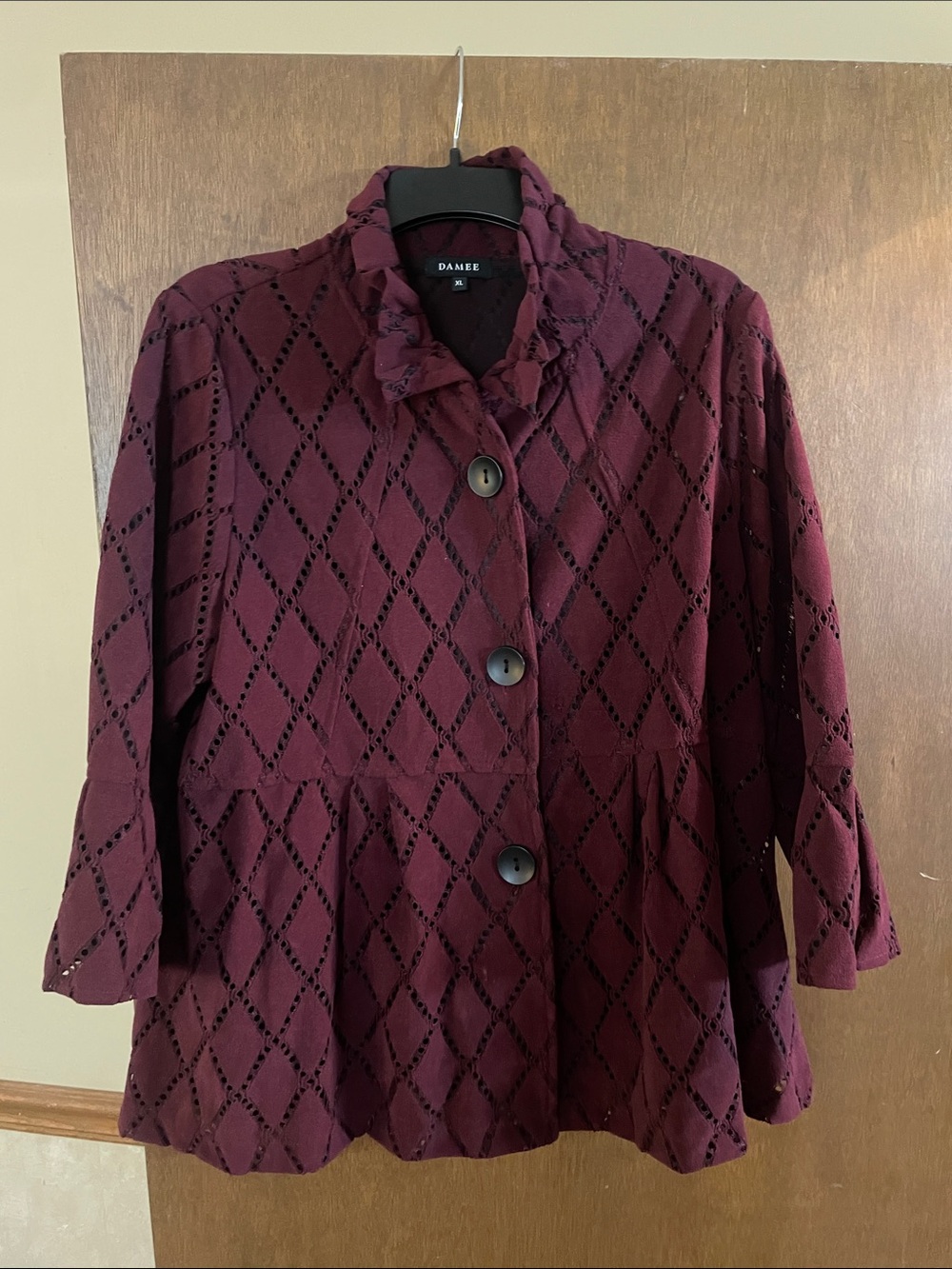INC International Concepts Burgundy Eyelet Ruffle Collar Jacket